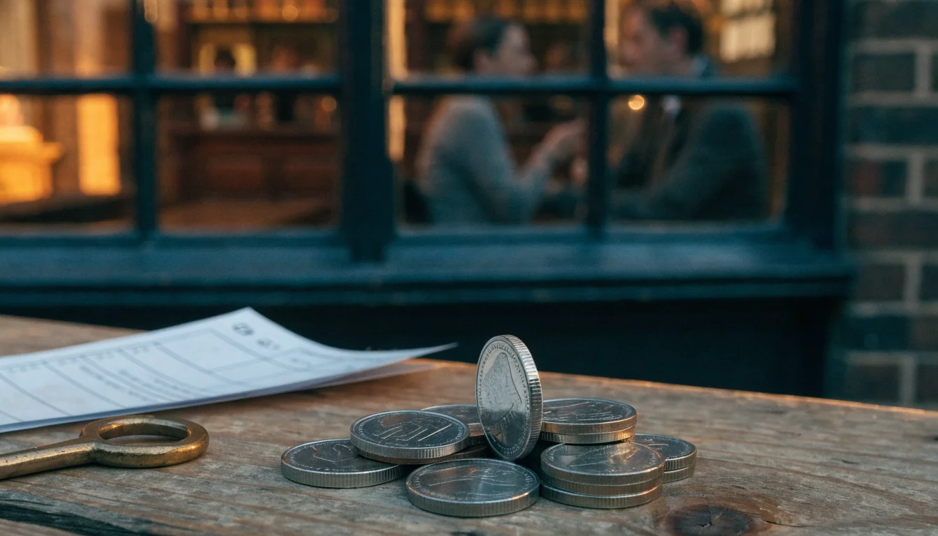 British one-pound coins beside a deposit slip near a pub window