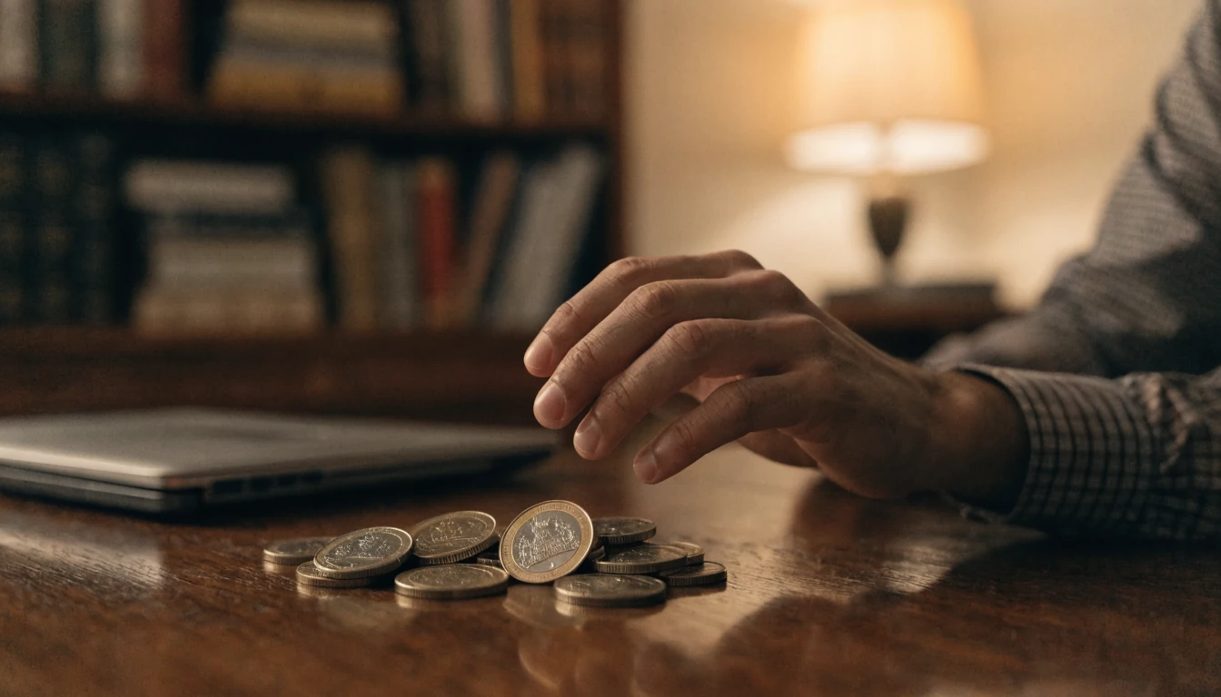 Two-pound coins beside a closed laptop on a wooden table, suggesting a small casino deposit in a British home.