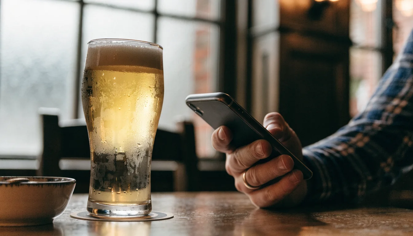 Hand holding a phone face-down on a pub table with ale and coins.