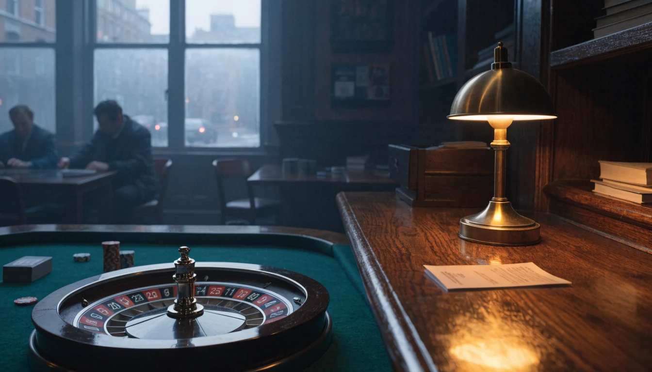British gaming lounge with roulette wheel, chips and warm lamp