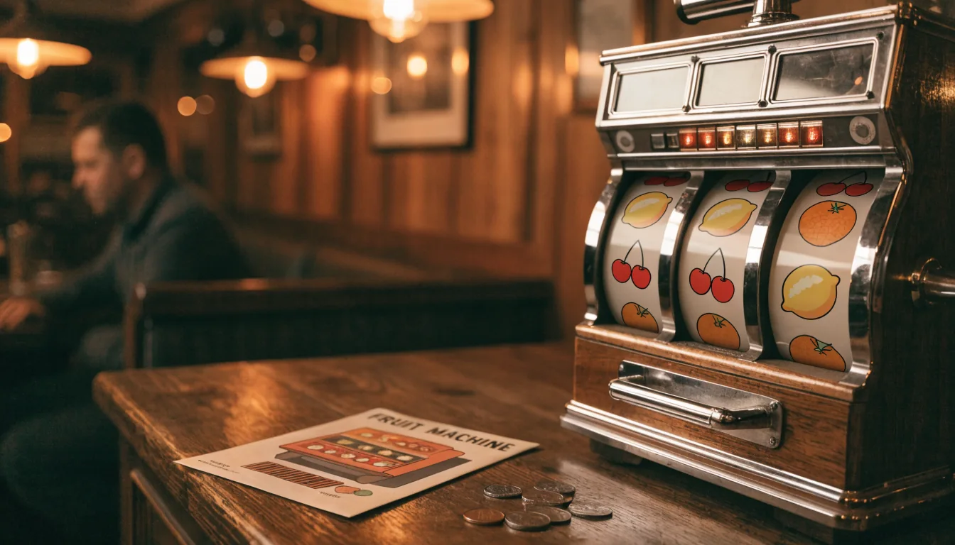 Classic British fruit machine in a warm pub setting with a promotional envelope on the counter.