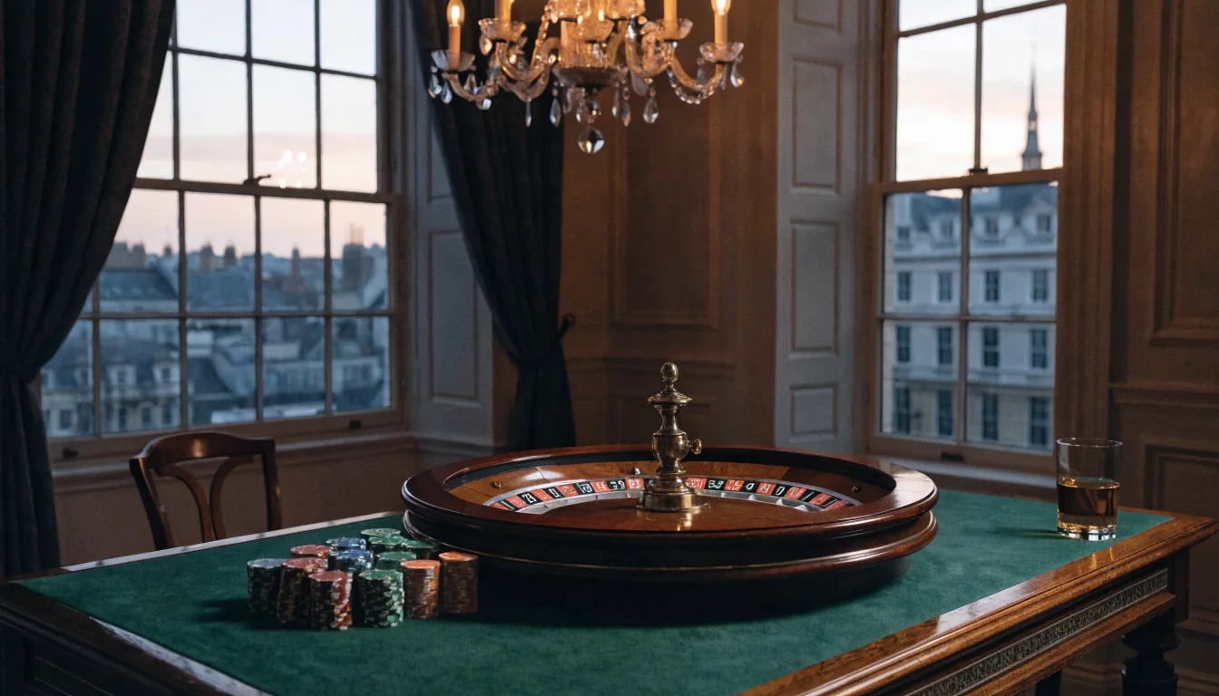 Roulette wheel on a green table in an elegant Georgian London gaming room at dusk.