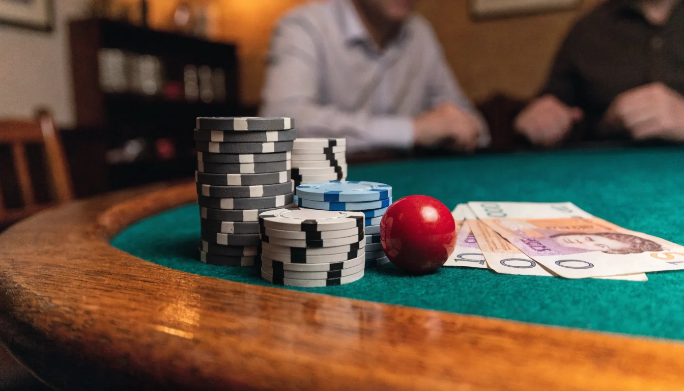 Casino chips and roulette ball on a felt table with pound notes