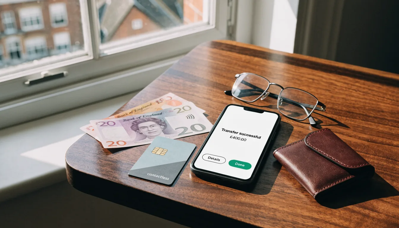 British pound payment items arranged on a desk beside a smartphone and debit card.