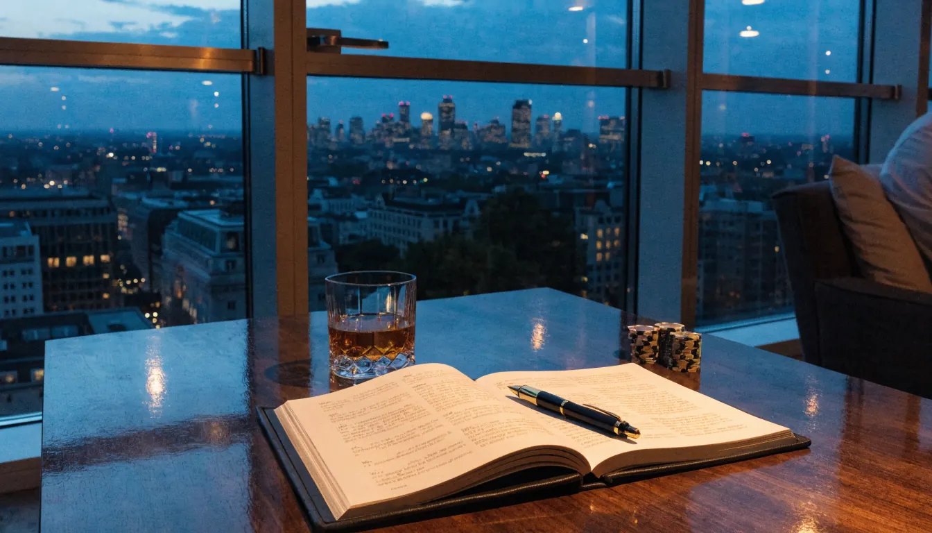 London skyline at dusk seen through wide apartment windows, table with chips and tumbler.