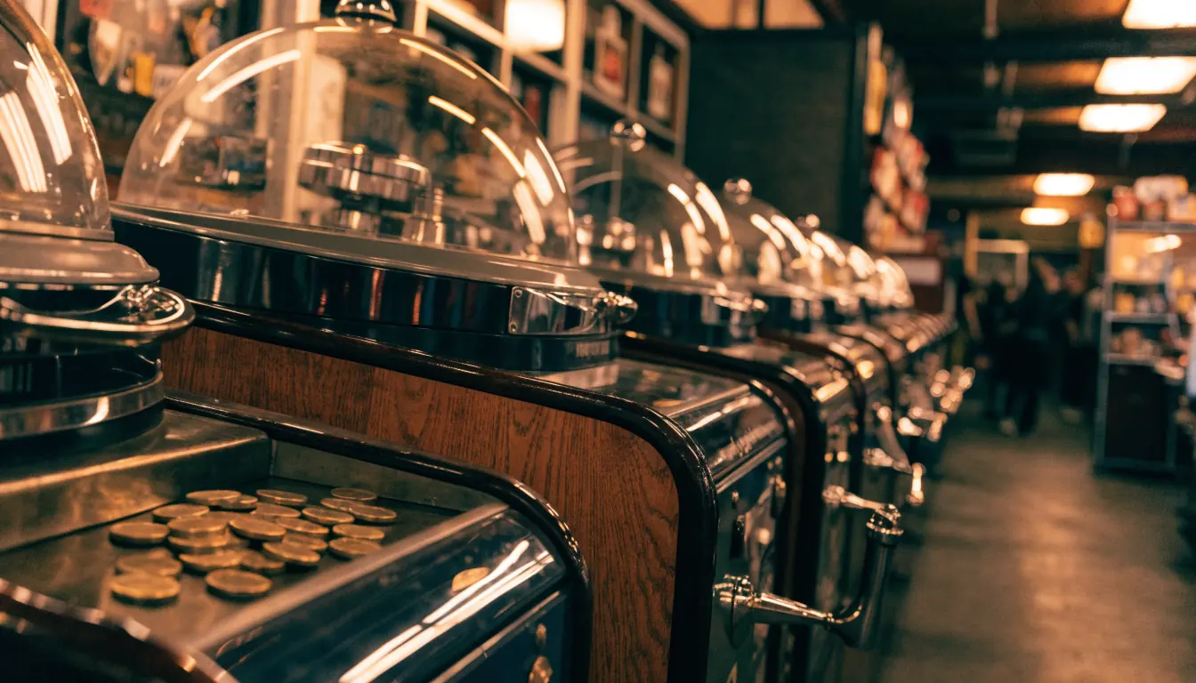 Classic British fruit machines lined up in an arcade with warm lighting and a tray of tokens