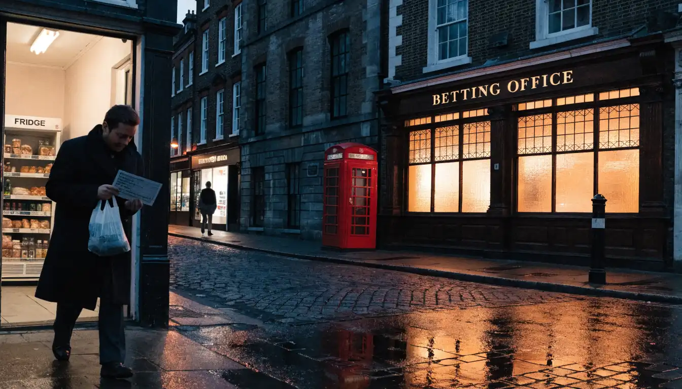 Person exits UK store with a paper voucher, betting shop glowing across a wet street.