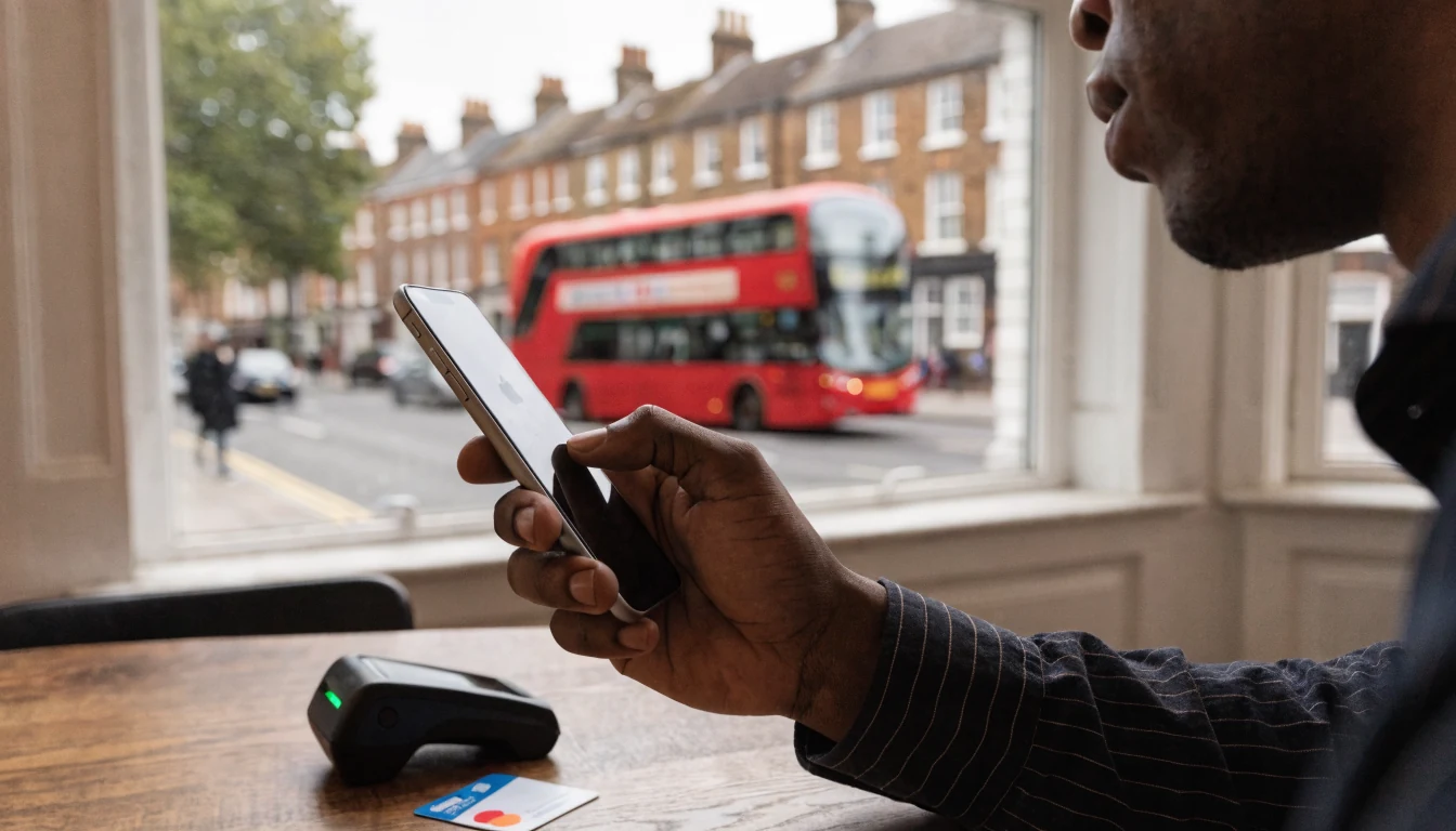 Hand holding smartphone near payment terminal on a British kitchen table