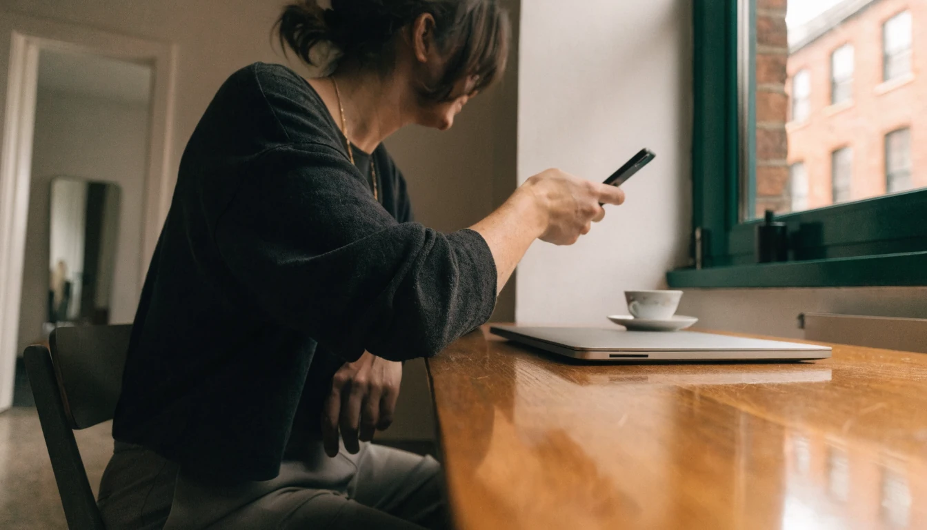 Person at a London apartment table with a closed laptop and smartphone