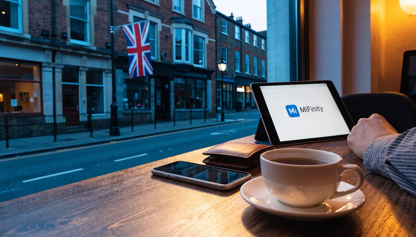 UK home scene with phone, wallet, and MiFinity e-wallet app on a tablet near a window overlooking a British high street.
