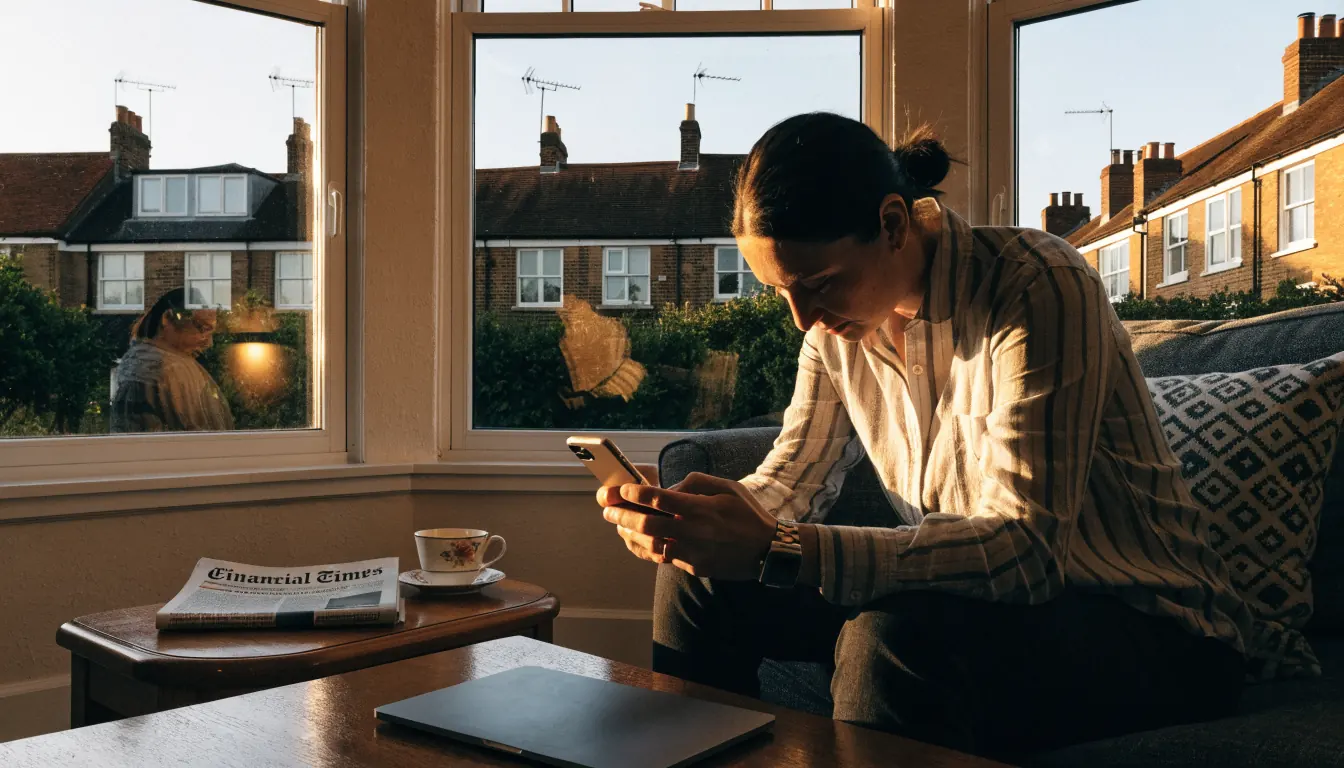 Person with smartphone in a British living room setting