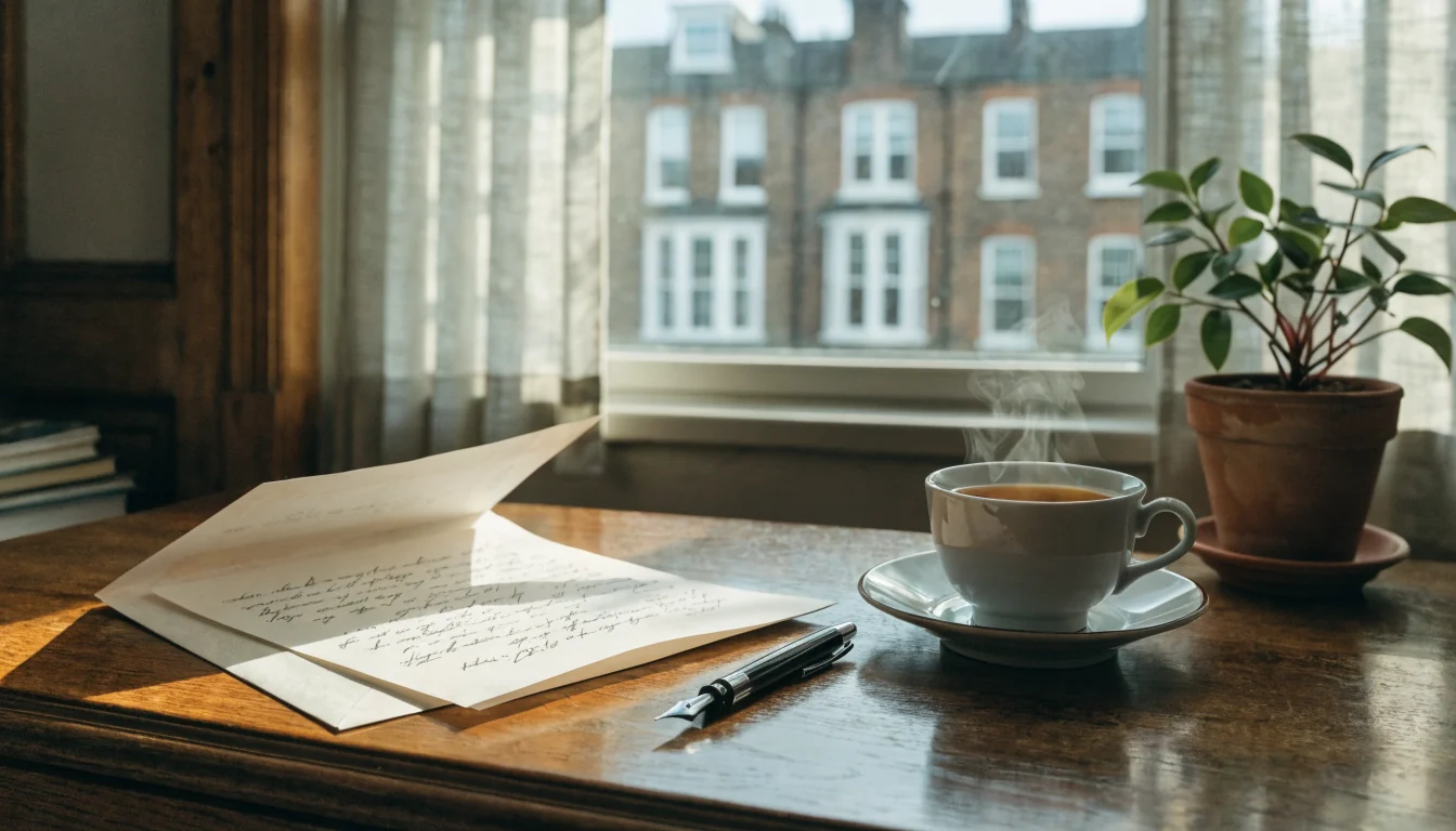 An envelope, pen, and tea on a sunlit desk.