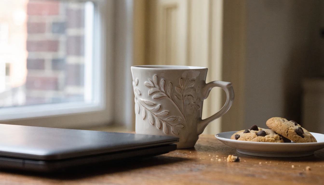 Chocolate chip cookies on a plate beside a closed laptop on a wooden table.