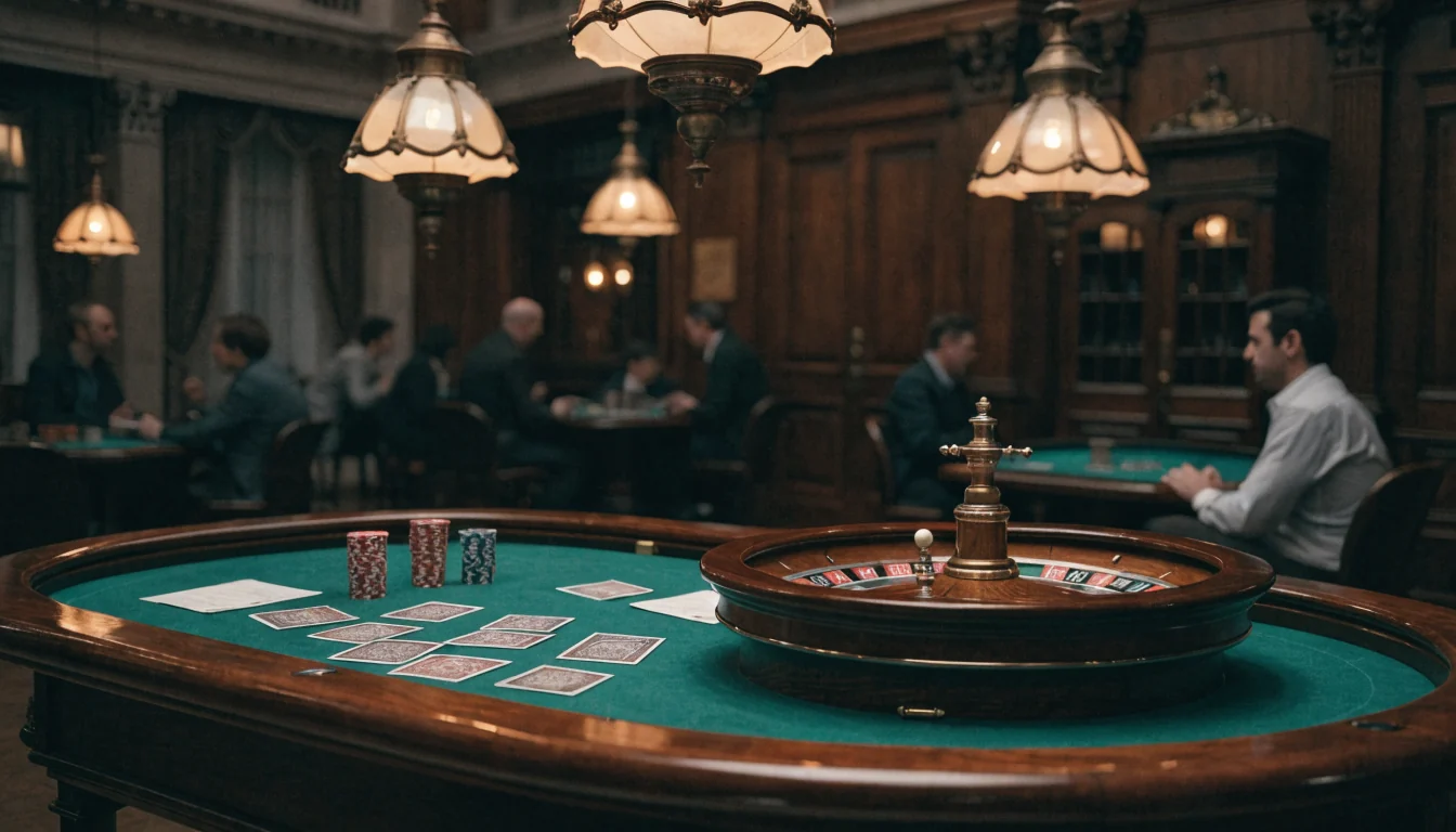 Roulette table with chips and cards in an elegant UK casino interior