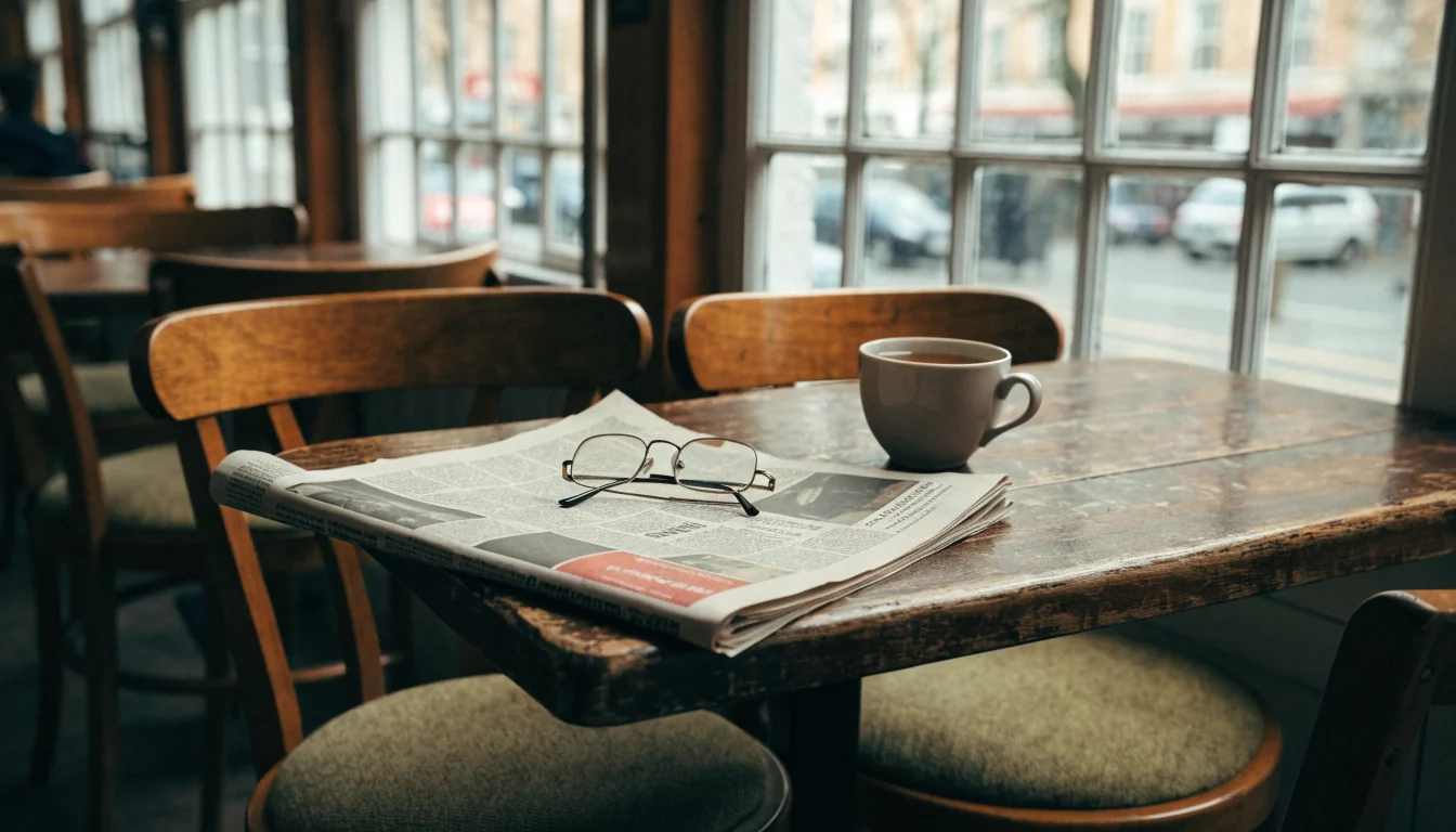 Newspaper and reading glasses on a wooden café table in morning light.