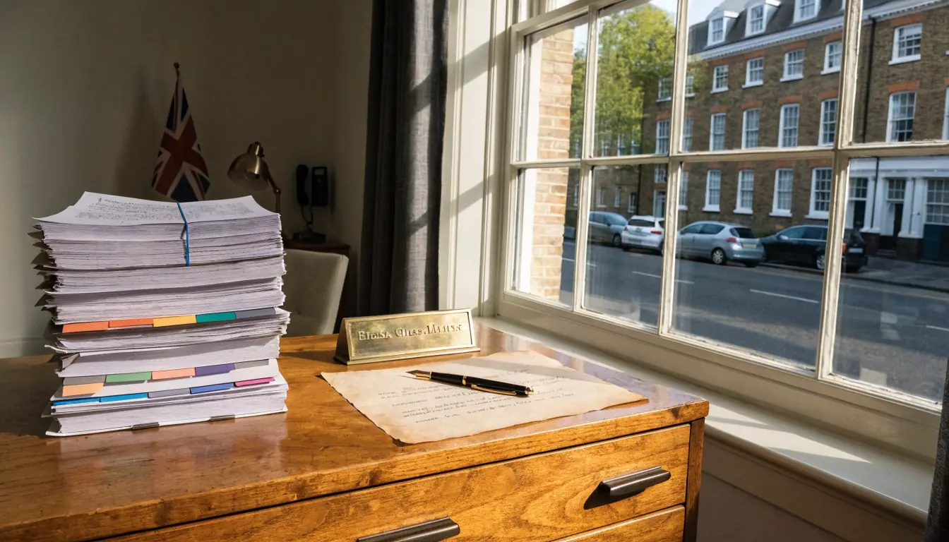 Legal documents and a fountain pen on a wooden desk in a London office.