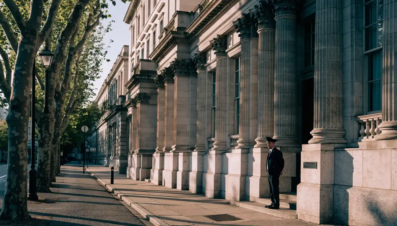 Portland stone building with classical columns and doorman