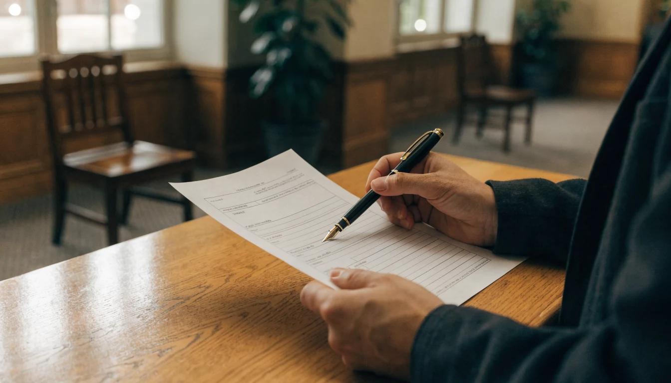 Applicant's hands holding a form over a counter