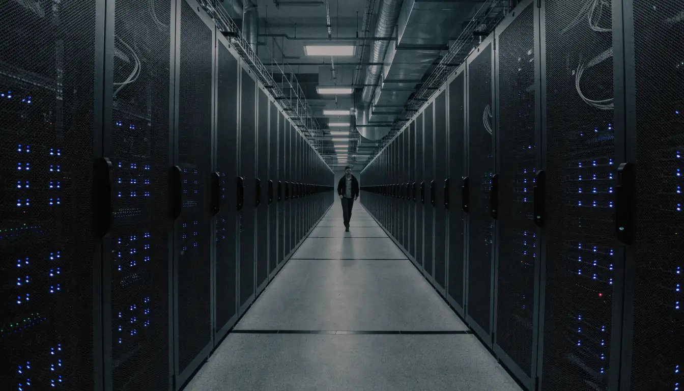 Modern data center with rows of illuminated server racks