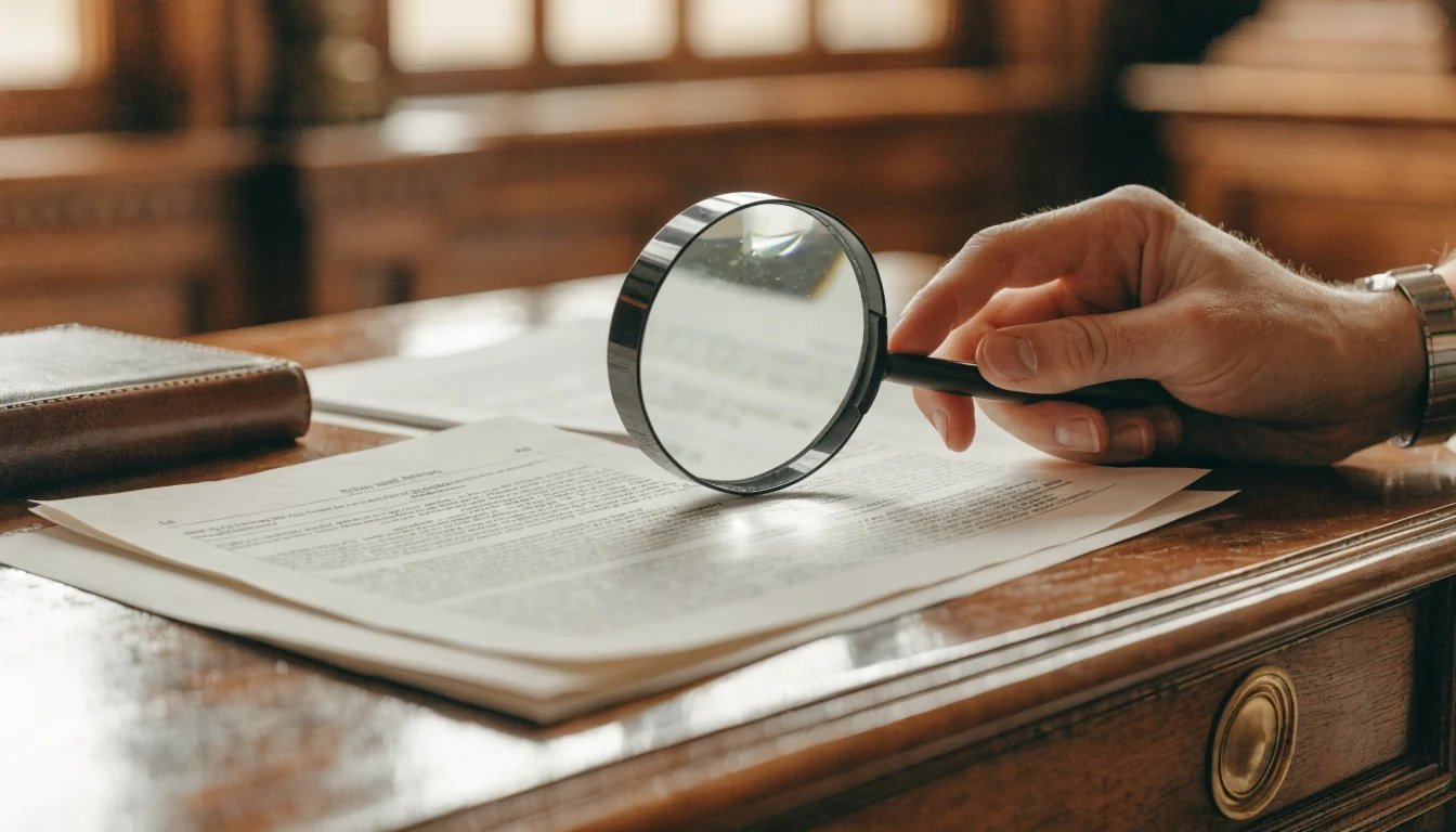 Magnifying glass examining documents on a mahogany desk