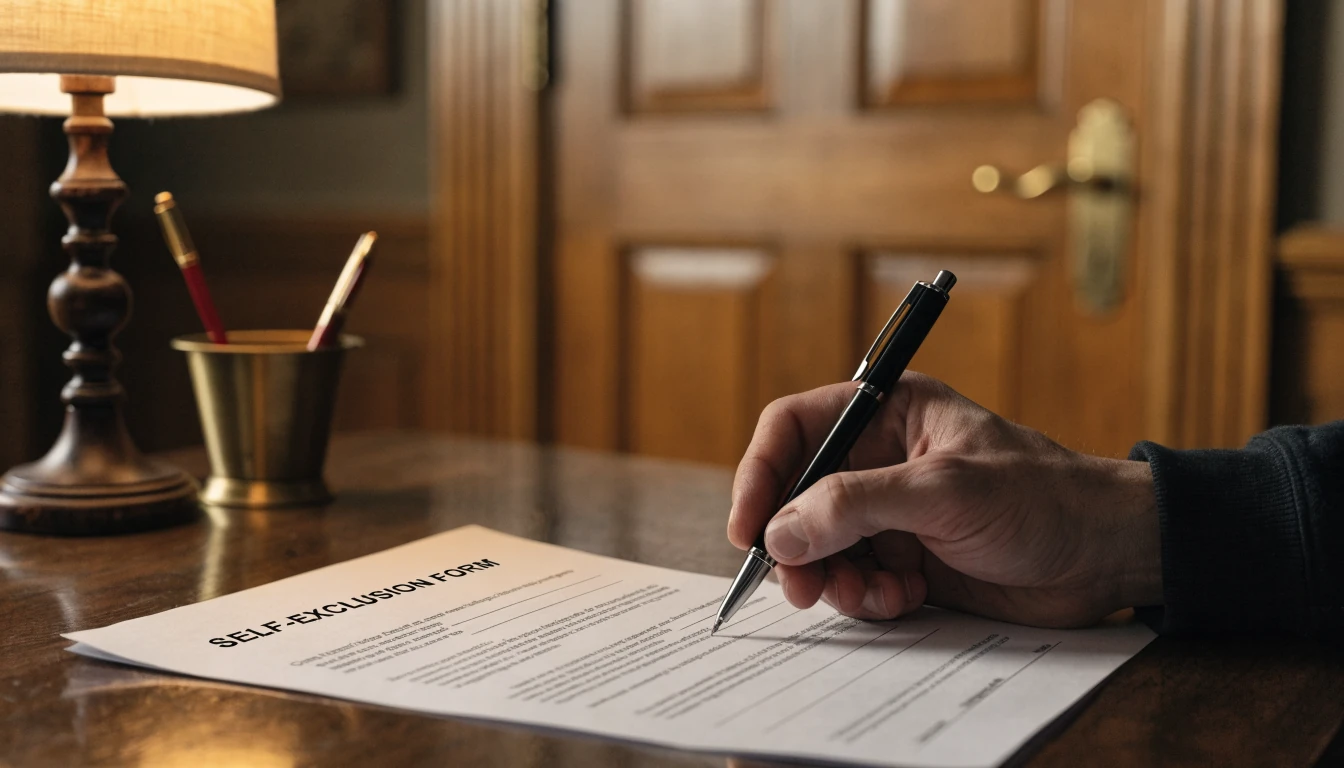 Hand signing a form at a wooden desk