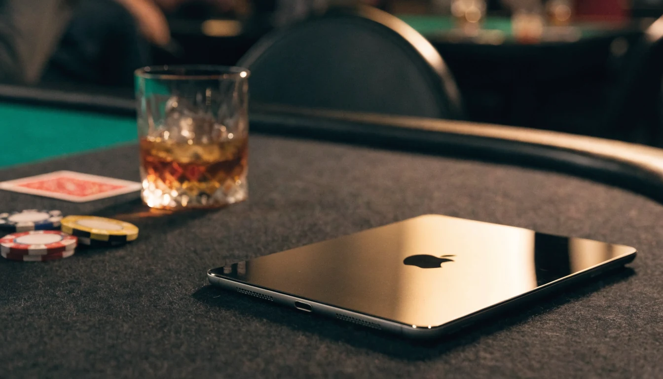 iPad face-down on a casino table with poker chips and a card