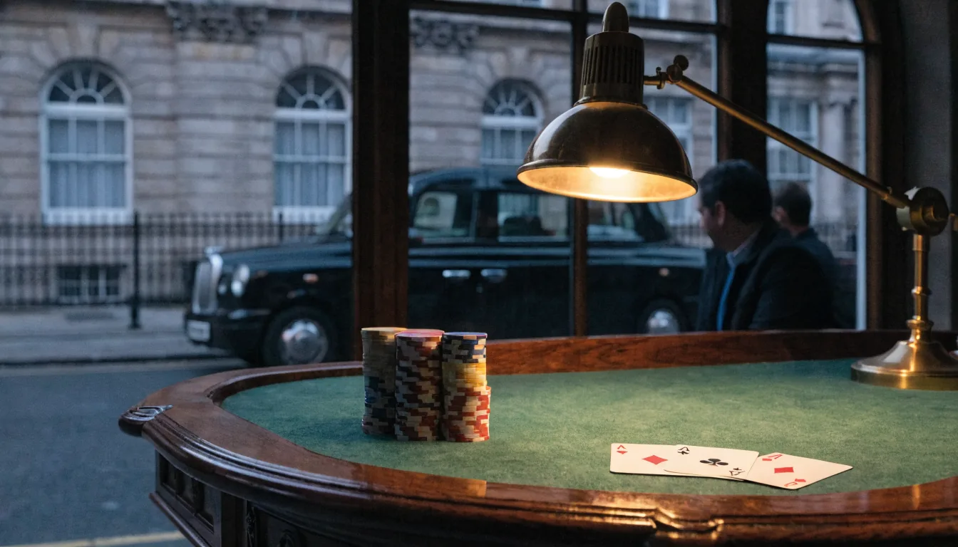 Casino chips and playing cards on a mahogany gaming table with a London street view through arched windows.