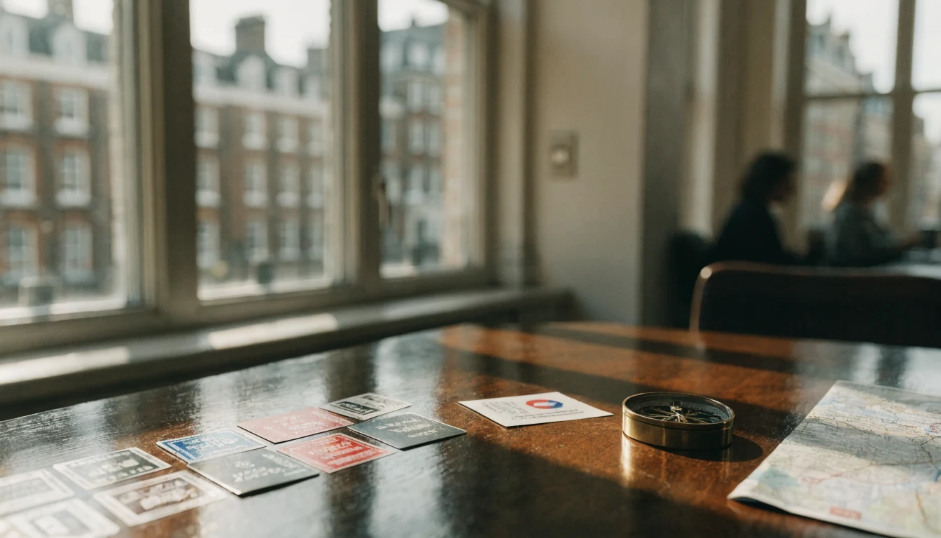 International licence documents, passport stamps, compass and map on a desk by a window.