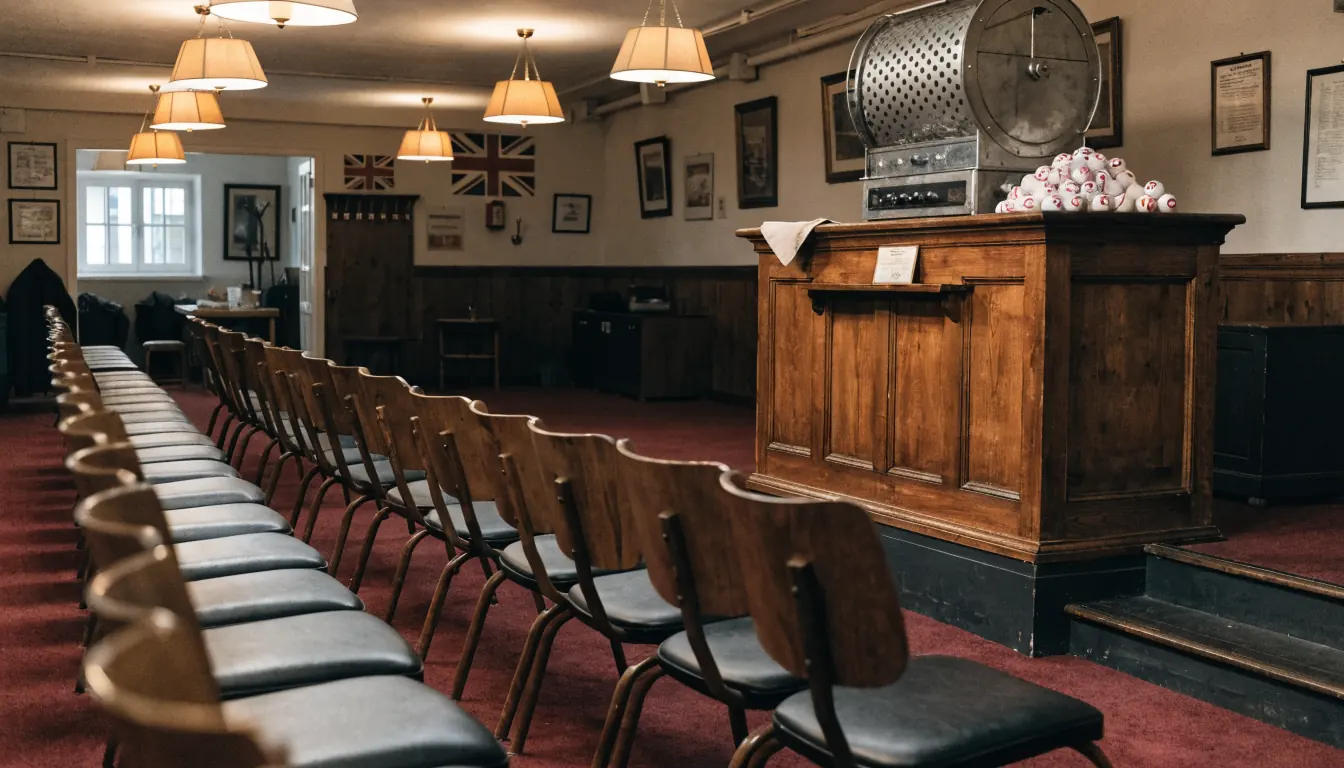 Traditional British bingo hall with vintage cage, numbered balls, red carpet, Union Jack decor.