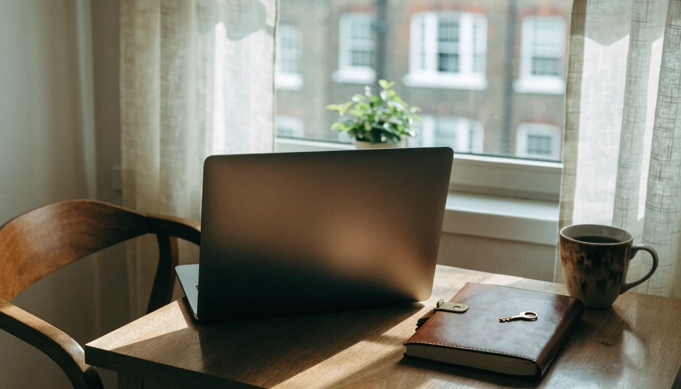 Closed laptop with leather notebook, brass key, and tea on a desk by a sunlit window