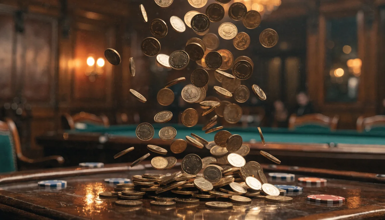 Golden coins cascading onto a mahogany surface with poker chips in a British club interior.