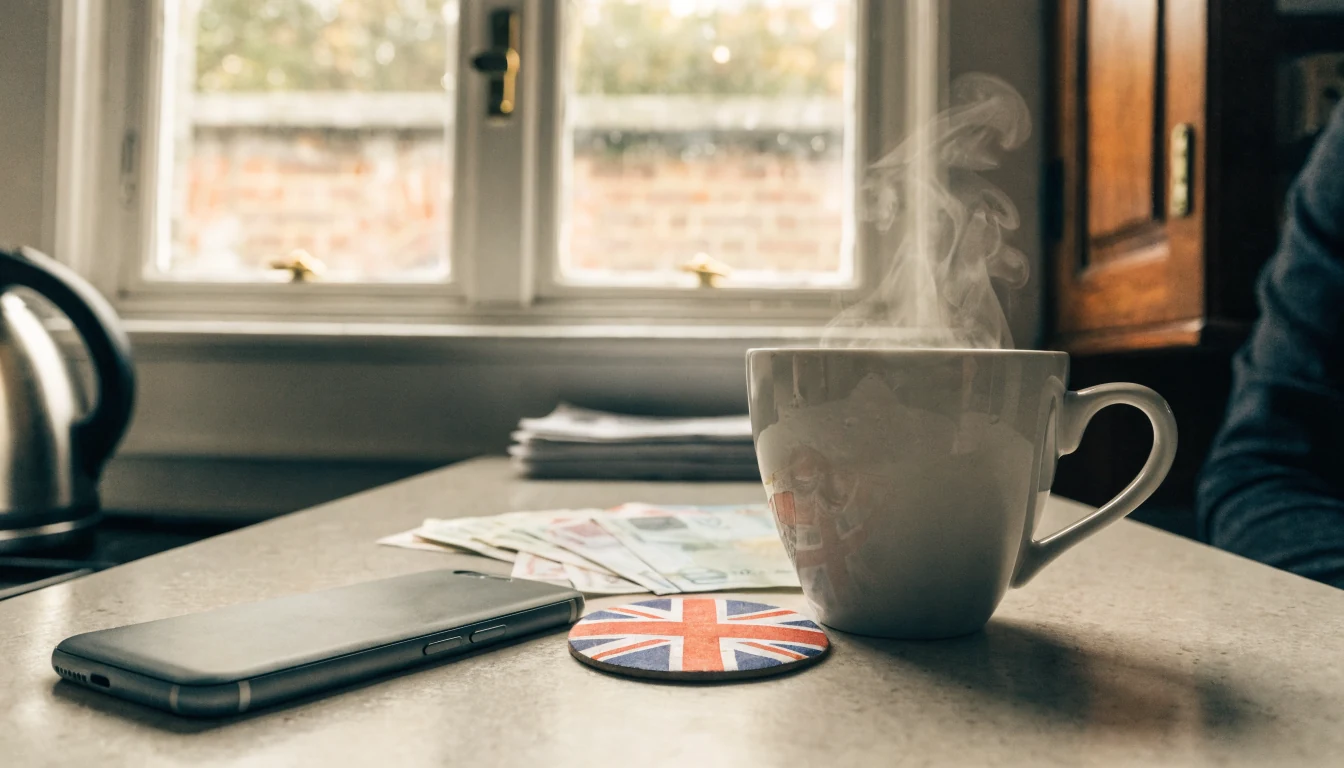 Smartphone on a London kitchen counter with British pounds and tea