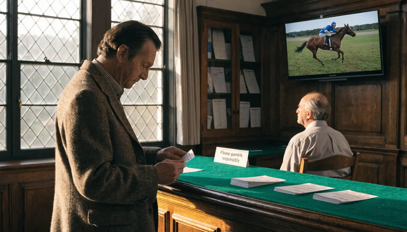British betting shop interior with a thoughtful punter examining a betting slip under soft daylight.
