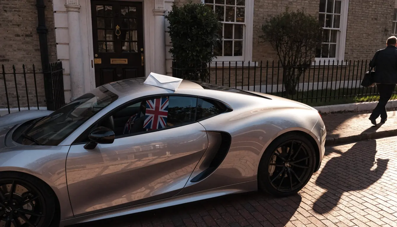 Silver car beside a brick townhouse with a payout envelope on the bonnet