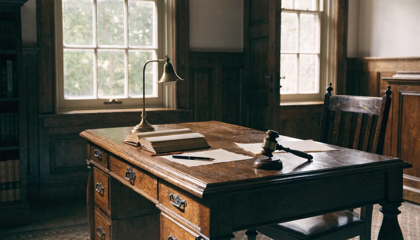 Traditional British study desk with legal documents, a leather book, and a brass lamp